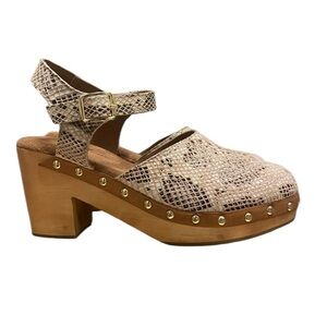 Diba True cats paw tan snake print wooden clogs with gold stud details